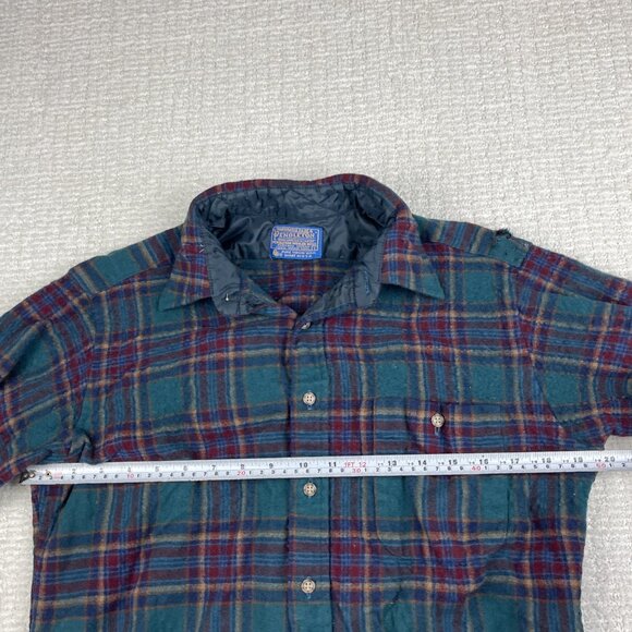 Vtg Pendleton Shirt Mens Large Plaid Wool Flannel USA Elbow Pads Wool Read* - Picture 10 of 16